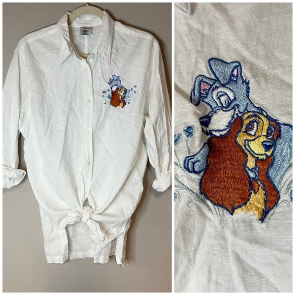 Vintage Disney Store Lady & The Tramp Embroidered White Shirt 90s RARE - Picture 1 of 9